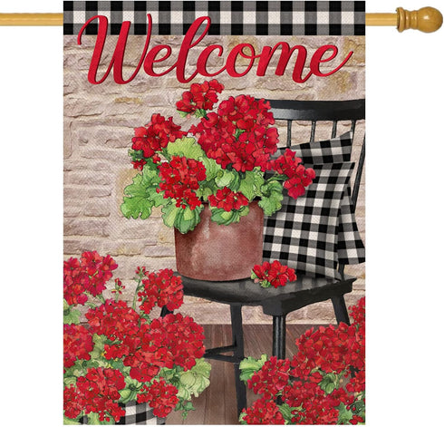 Welcome Spring Geranium Red Flower Decorative House Flag, Black White Buffalo Plaid Floral Pot Chair Garden Decor 28x40