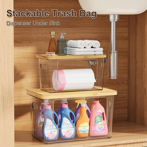 WBKATN 2 Pack Trash Bag Holder with Bamboo Lid, Stackable Acrylic Trash Bag Dispenser Roll Holder Under Sink, Plastic