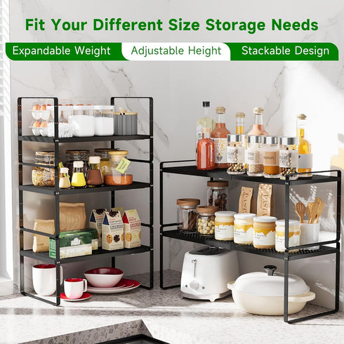 Expandable Kitchen Cabinet Shelf Organizer Rack - Heavy Duty Metal Spice Rack for Kitchen Counter Storage (Black -