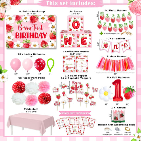 Set 1st RainMeadow Premium Berry First Birthday Decorations - Strawberry Birthday Decorations Girl with Banner