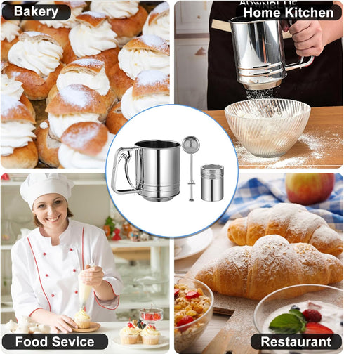 Stainless Steel Flour Sifter, 5 Cup 3 in 1 Sifter for Baking, Powdered Sugar Shaker Duster for Desserts