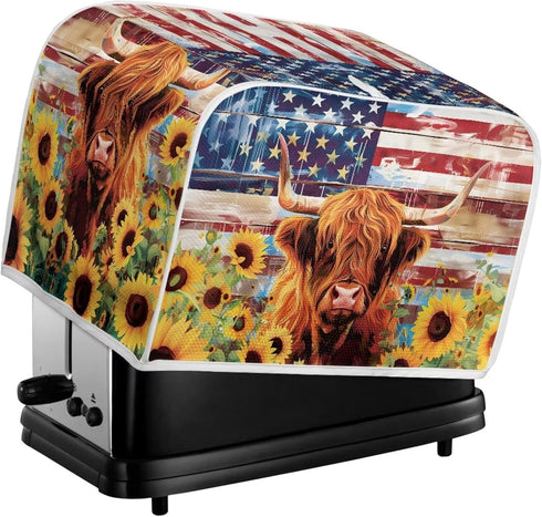 American Flag Toaster Cover, 2 Slice Wide Slot, Highland Cow Sunflower Print, Washable Stain Resistant Small Appliance