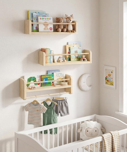 Set 3, Nursery Book Shelves for Wall of Natural Wood Bookshelves Wall Decor, Small Floating Shelf Organizer for Kids
