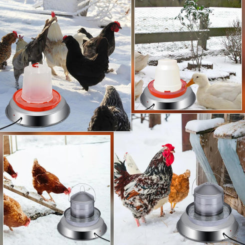 15" 5 Large Chicken Water Heater Base, Metal Heated Chicken Waterer Gallon, Freeze Proof Chickens Coop Winter Deicer