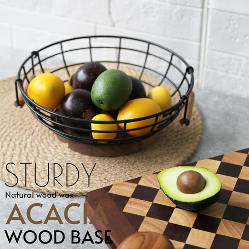 Black Wire Fruit Basket with Acacia Wood Base, Large Fruit Bowl for Countertop, Storage for Fruits, Breads, Vegetables