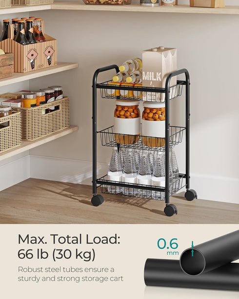 SONGMICS 3-Tier Metal Rolling Cart with Baskets, Lockable Utility Trolley on Wheels for Kitchen Bathroom Closet, Black