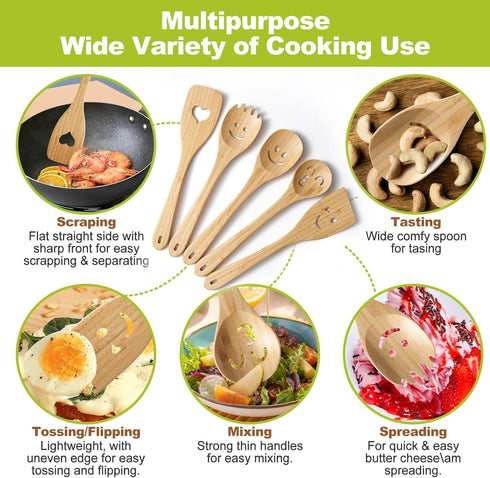 Wooden Cooking Utensil Set, Cute Spatula Set, Funny Bamboo Kitchenware, Unique Mother's Day Gifts for Cooks Hostesses Mom Grandma Wife Weddings House Warming Kitchen Accessories (A001)