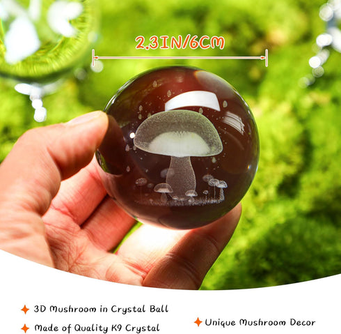 3D 60mm HDCRYSTALGIFTS Mushroom Crystal Ball Laser Engraved Decorative Ball Glass Sphere with Stand Paperweight