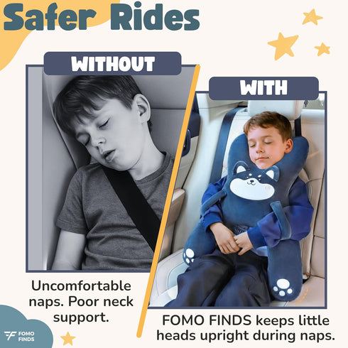 Kids Car Sleeping Pillow - X-Shaped Plush Animal for Neck & Back Support - Hands & Seat Belt Slot - Machine Washable