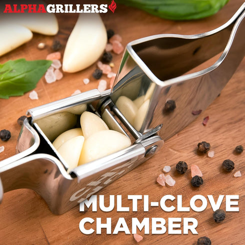 Garlic Press Stainless Steel - Professional Mincer and Crusher with Silicone Peeler, Dishwasher Safe