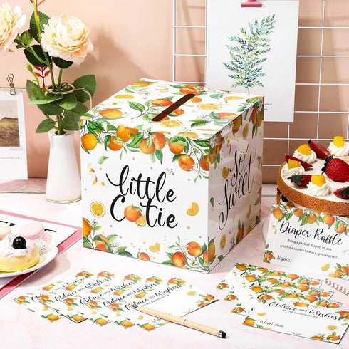 50 Summer Pajean Little Cutie Orange Diaper Raffle Tickets with Box Baby Shower Party Supplies Tangerine Theme Orange