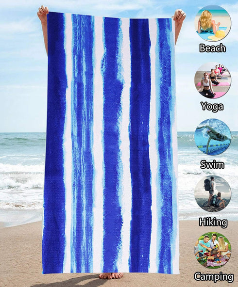 Oversized Terry Beach Towel, 36 x 72 in Soft Extra Large Pool Swim Towel, Blue Stripe Boho for Vacation