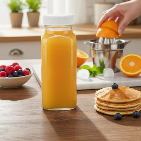 8oz 4 Pack 8 oz kitchentoolz Square Glass Juice Shot Bottle with Lid Milk Glass Bottles with Lids for Lunch Box