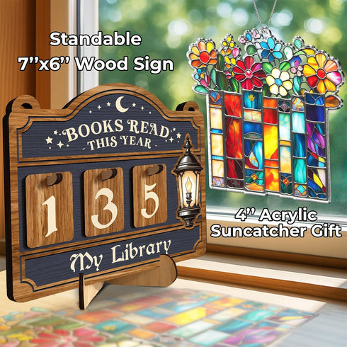Counter, FF754 Books Read This Year Reading Tracker Sign for Home Library Decor, Book Suncatcher Ornament, Book Lover