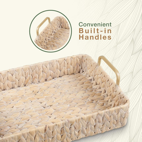Set 2 of Rectangular Wicker Trays with Handles - Decorative Trays for Coffee Table, Ottoman, Dining Room, Living Room