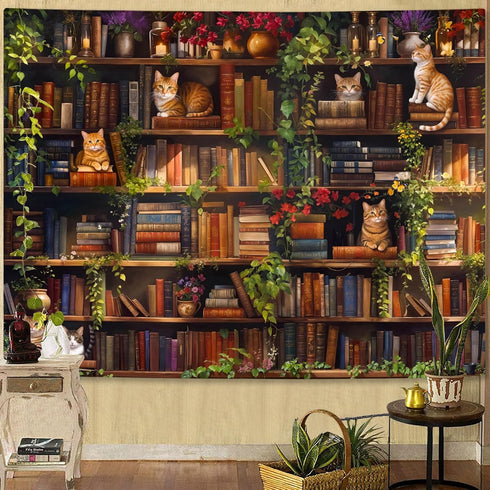 Accnicc 60 44 inch Plant Cat Bookshelf Tapestry Botanical Floral Flower Cats Book Tapestries Wall Hanging Vintage