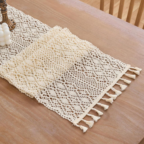 60 Inch Gemseek Boho Crochet Lace Table Runner, Bohemian Vintage Beige Cotton Table Runner for Kitchen Dining Coffee