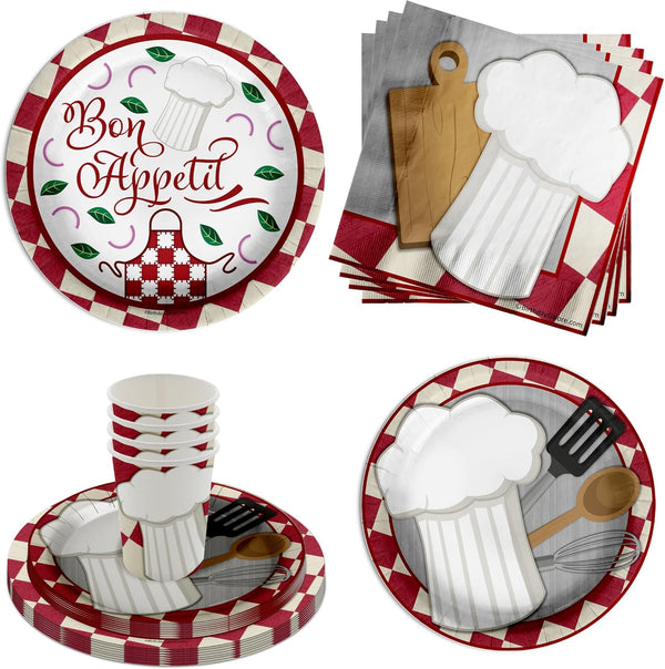 Cooking Themed Birthday Party Paper Plates, Napkins, Cups - Bon Appetit Supplies for 16 Guests (64 Piece)