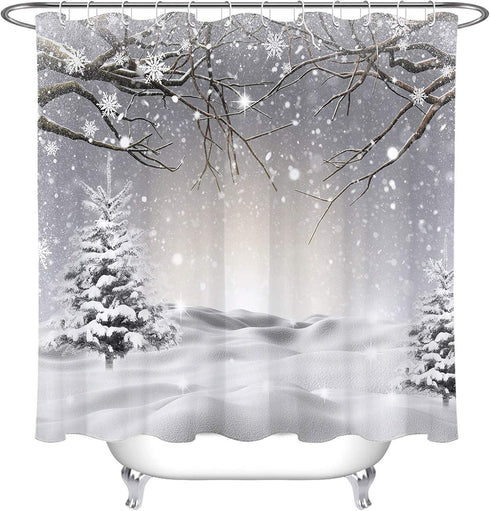 LB Winter Shower Curtain Set, Snowflake Pine Tree Branch Scene, 72x72 inch Waterproof Polyester Bathroom Decorations