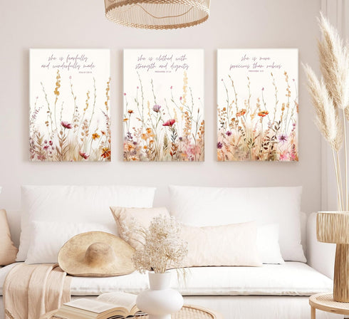 3Pcs MALEDO Christian Nursery Canvas Wall Art Bible Verse Floral Pictures Wall Decor Boho Wildflower Nursery Posters