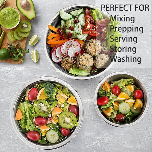 P&P CHEF Set of 5 Stainless Steel Mixing Bowls with Black Lids, Nesting Salad Mix Bowl for Mixing, 4.6, 3, 1.5, 1, 0.7