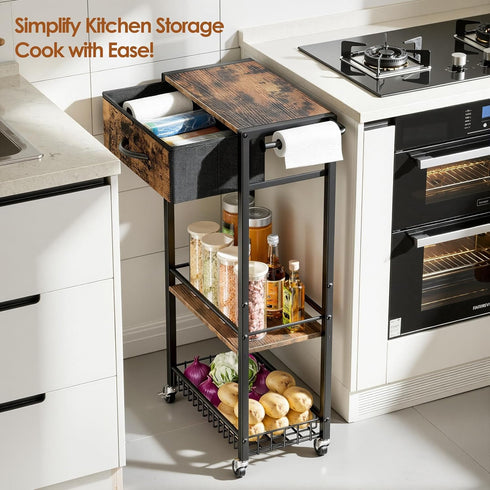 3-Tier Lewondr Bathroom Organizer and Storage Cart with Drawer, Narrow Rolling Utility Cart with Wood Top and Wheels