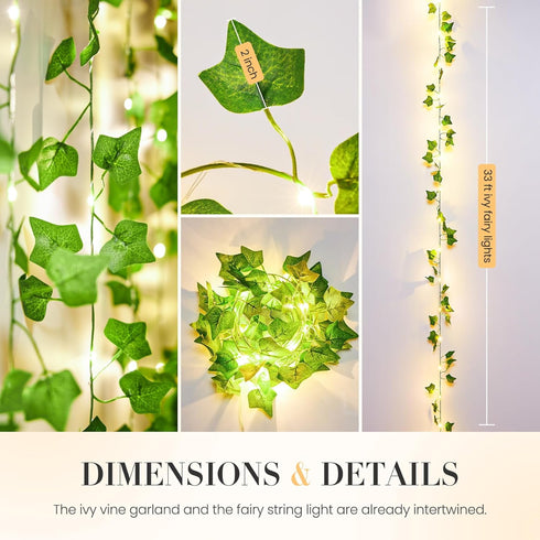 33ft 100 KASZOO LED Vine with Fairy Lights with Remote, Fake Vines String Lights Battery/USB Operated, Ivy Garland