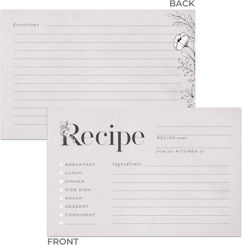 Rustic Vintage Floral Recipe Cards: 48 Cards, 4x6 inches, Beige-Grey, Water-Resistant and Double-Sided