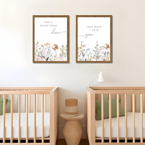 Set 2, 12x16 Inch Wood Framed Wildflower Nursery Wall Art of Boho Flower Botanical Wall Decor Paintings, Baby Girl