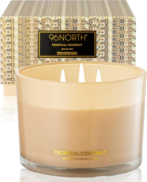 96NORTH Luxury Coconut Soy Candle | Large 3 Wick Jar Candle | Up to 50 Hours Burn Time | Tropical Beach Scent