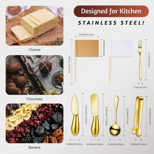 Charcuterie Board Accessories Cheese Spreader Knife Set Cheese Butter Knife Stainless Steel Mini Serving Tongs Spoons Appetizer Forks for Pastry Christmas (Golden,18 Pieces) by Patelai
