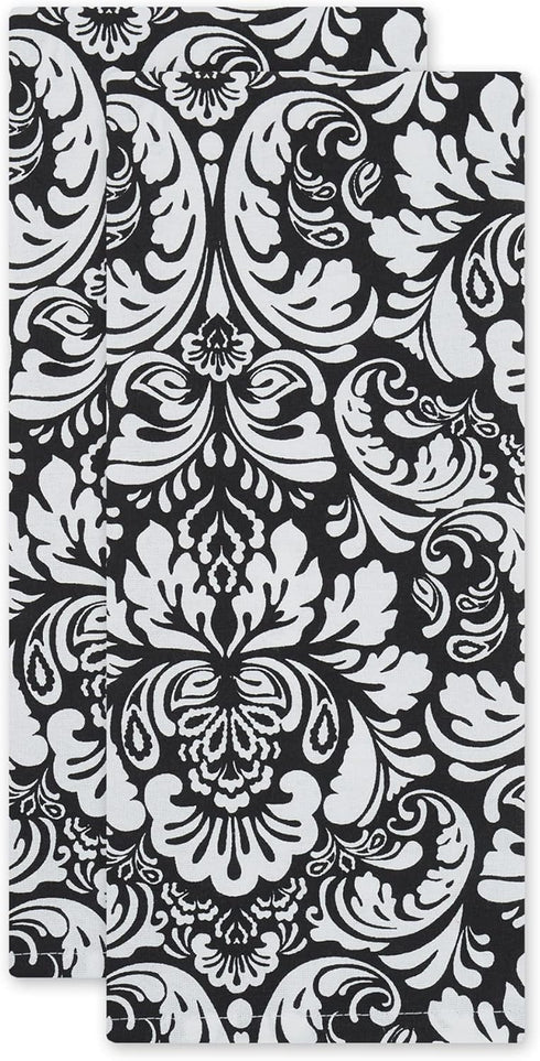 DII Cotton Dish Towel Set, Damask Print, Black, 18x28, 2 Count