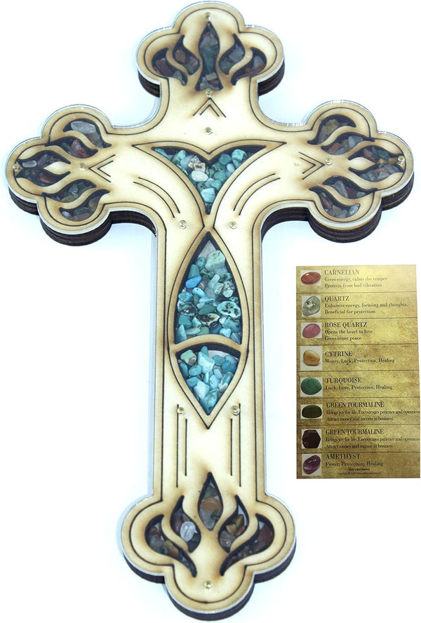 Engraved Wall Cross from Bethlehem - Filled with Semi Precious Stones from The Holy Land - Fish Style (5 Inches)