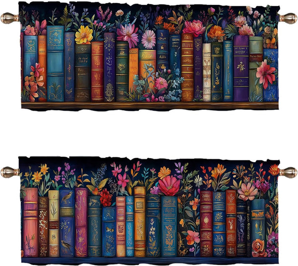 CAIJXIONG Bookshelf Kitchen Curtains Set of 2 Educational Bookcase Watercolor Flowers Rod Pocket