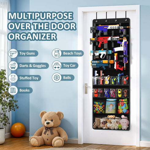Over Door Toy Gun Storage, Hanging Organizer for Toy Guns, Hanging Toys Organizer with Pockets, Hook&Loop Straps