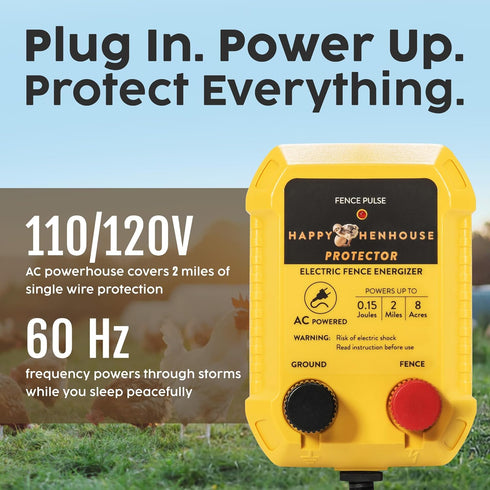 110V Setup Electric Fence Charger - Powerful AC Plug-in Fence Energizer for Chickens, Small Farms & Gardens - Easy