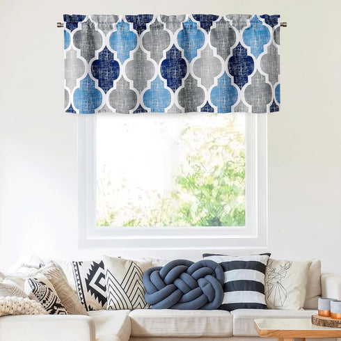 Beauoop Lattice Blackout Window Valance Curtain Panels Thermal Insulated Noise Reduction Drapes for Kitchen Cafe Living Room Quatrefoil Window Treatment Sets Rod Pocket, 50W x 18L, Blue/Gray, 1 Panel by Beauoop