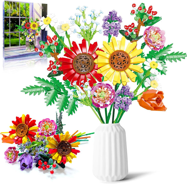 Flower Bouquet Building Set - 17 Artificial Botanical Collection Flowers DIY Home Decoration Gifts (976 Pcs)