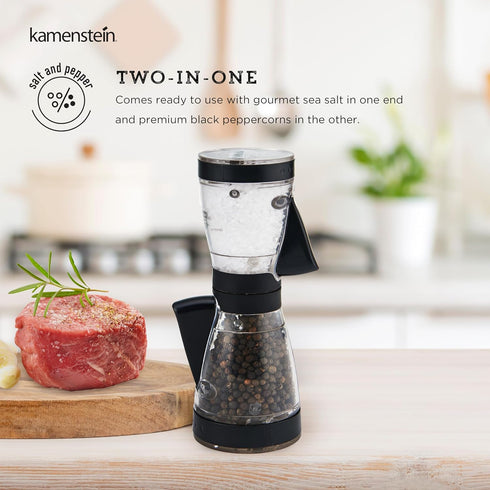 KAMENSTEIN One-Handed 2-in-1 Dual Salt and Pepper Grinder, 8-Inch, Adjustable and Refillable, Black