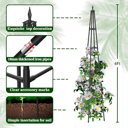6FT 16mm Obelisk Trellis for Climbing Plants Outdoor, Rust-Proof Extra Thickened Plastic-Coated Metal Pipes, Indoor