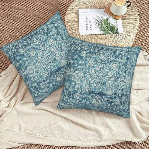 Teal Boho Pillow Covers Set of 2, 22x22 Outdoor Decorative Throw Pillows, Rustic Farmhouse Cushion Cases