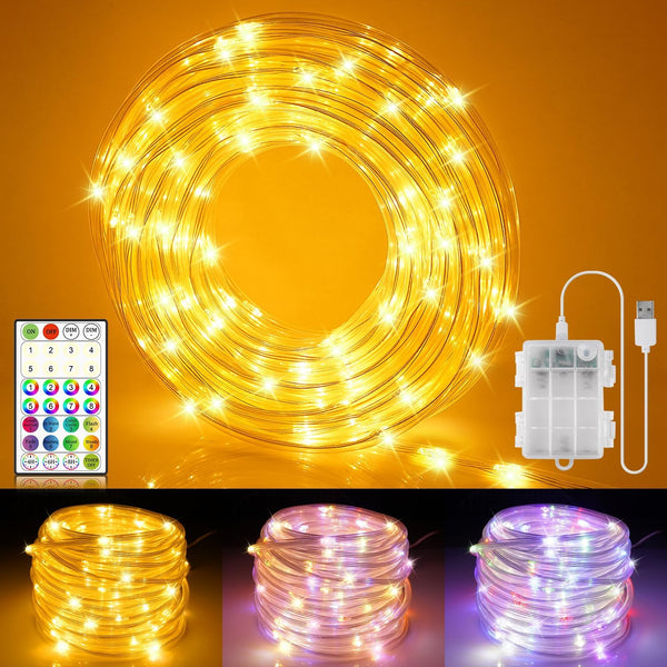 OMIKA 66ft Battery Operated Rope Lights, 400 LEDs Warm White & Multicolor with Remote for Outdoor Decor