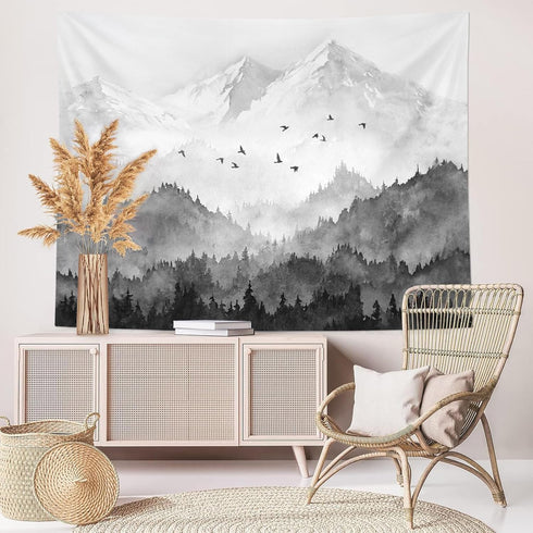 kampdream Mountain Forest Tapestry, Misty Foggy Black and White Tree Landscape Watercolor Art Wall Tapestries for