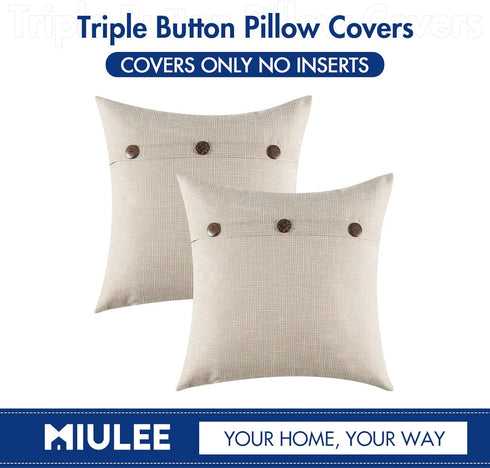 MIULEE Set of 2 Vintage Linen Pillow Covers with Triple Button Accent for Couch Sofa Bed Living Room Decor 18x18 Inch