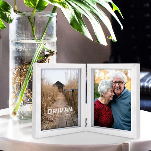 Double 5x7 Hinged Picture Frame, Vertical MDF Wood Photo Frames with Glass Front (White)