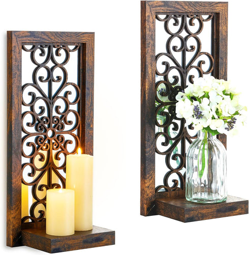 Farmhouse Wall Candle Holder Decor: Rustic Candle Sconces Set of Two for
