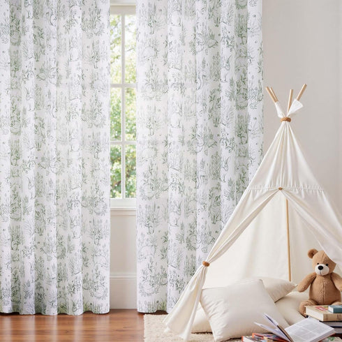 jinchan 90 inch Country Set 2 Linen Nursery Curtains Long Woodland Wildlife Sage Green Print Drapes for Kid's Room