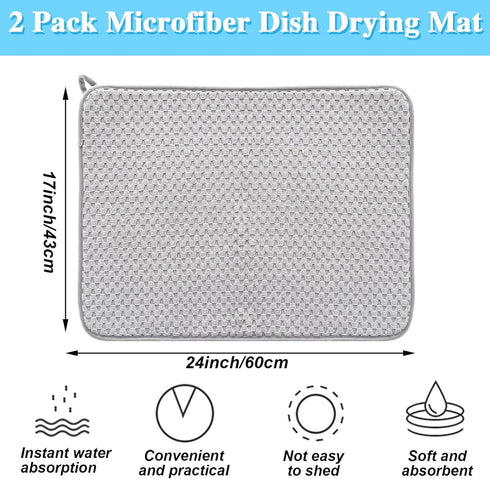 2 Pack Microfiber Dish Drying Mat,24*17 inch Absorbent Dish Drainer Kitchen Counter,Large Size Dish Drying Pad for Countertops,Sinks,Draining Racks(Gray)