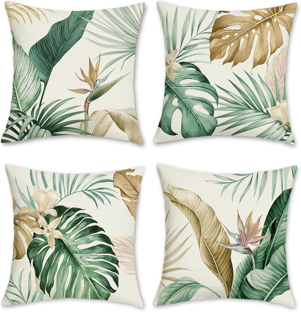 Bonhause Tropical Leaves Throw Pillow Covers, 18 x 18 Inch Green Brown Leaf Decorative Cushion Covers Set of 4