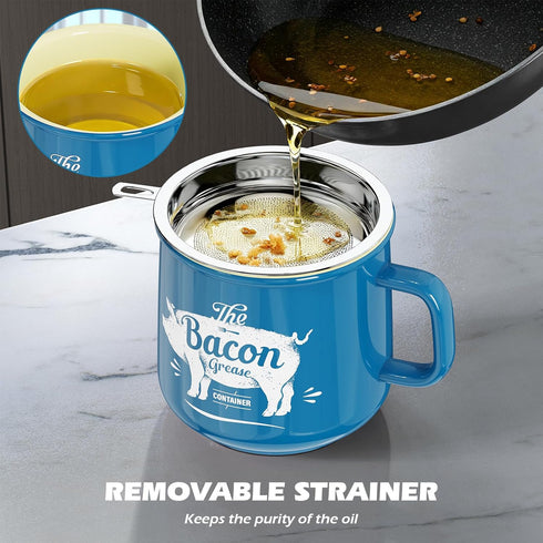 23OZ PGYARD Ceramic Bacon Grease Saver With Strainer - Bacon Grease Container Farmhouse Keeper For Kitchen Fat